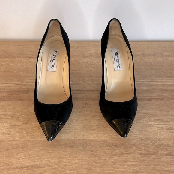 Jimmy Choo Amika Cap Toe Black Suede Pumps Heels - Picture 3 of 7